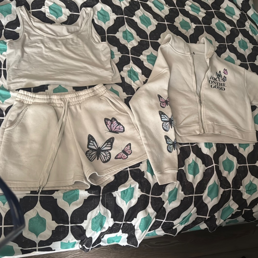 Butterfly Print Hoodie, Shorts, and Tank Set
